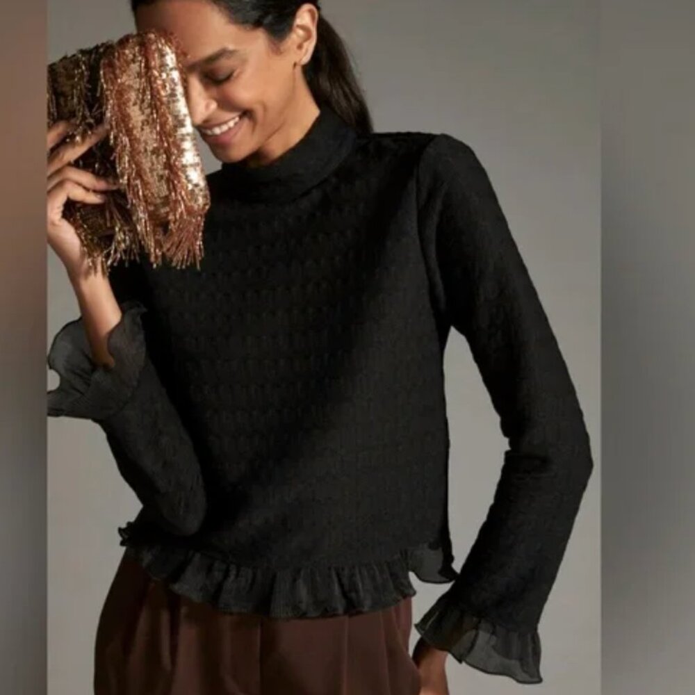 Blue Tassel Ruffled Turtleneck Pullover XXS